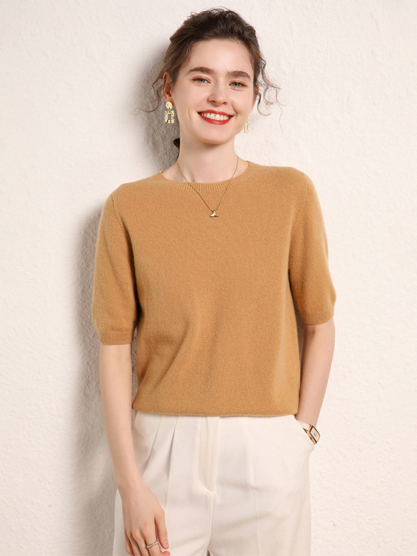 First-Line Garment Seamless Mountain Cashmere Sweater Women's Knitted Base Shirt Round Neck Half Sleeve Loose Slimming Sweater Inner Top First-Line Garment Seamless Mountain Cashmere Sweater Women's Knitted Base Shirt Round Neck Half Sleeve Loose Slimming Sweater Inner Top