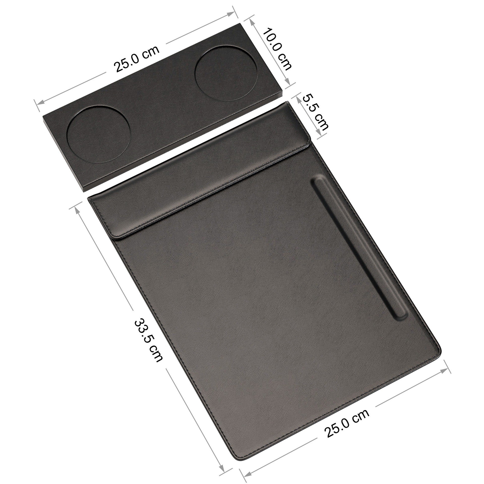 PU-블랙 소가죽 패턴 A4 회의 매트(펜 트레이 포함) + 이중 구멍 코스터(펜 트레이 없음)