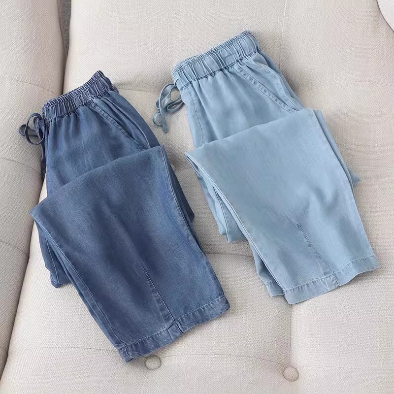 Tencel Denim Women's Cropped Pants Summer Thin Elastic High-Waisted Drapey Harem Pants Ice Silk Loose Dad Pants