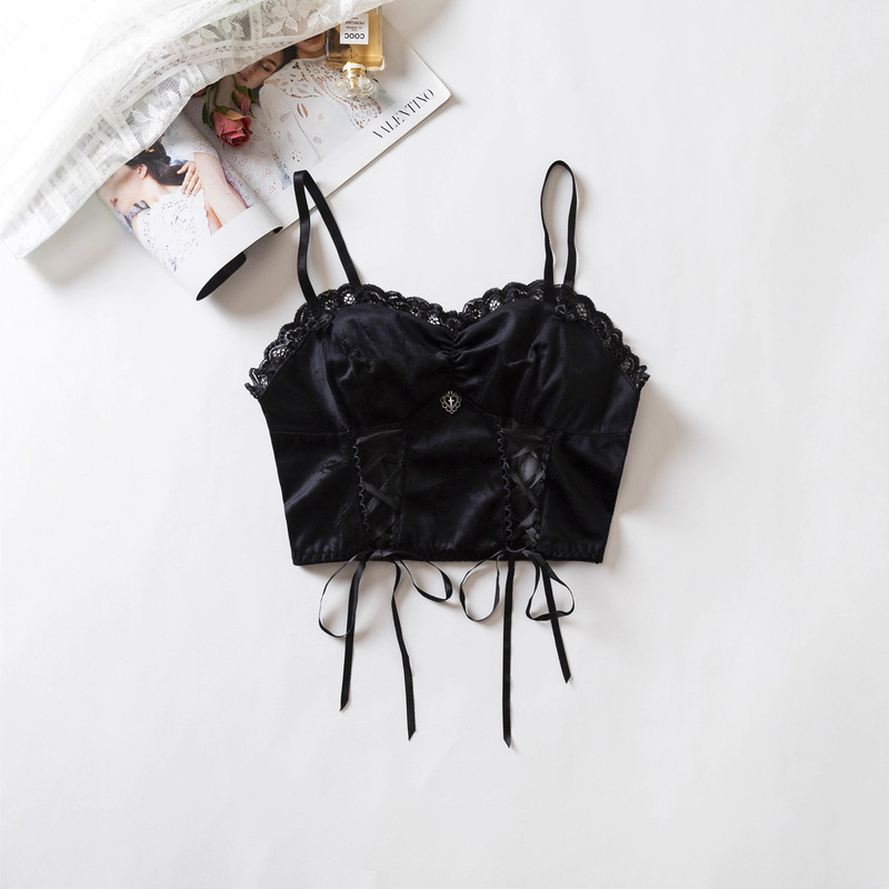Cross-Border Foreign Trade Ready-Made Women's Dark Velvet Small Suspenders Hot Girl Lace Straps Without Rims Sexy Underwear
