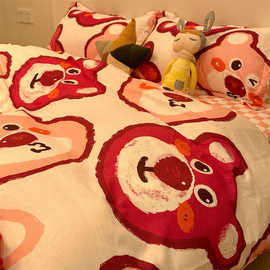 ins玫红色小熊床上四件套水洗棉文艺卡通学生宿舍被套床单三件套