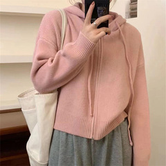 韓系帽子付きのジッパー付きのニットカーディガンのセーターの外塔の女性秋冬の新型のゆったりした怠惰な風の柔らかいモチモチとしたコートの上着