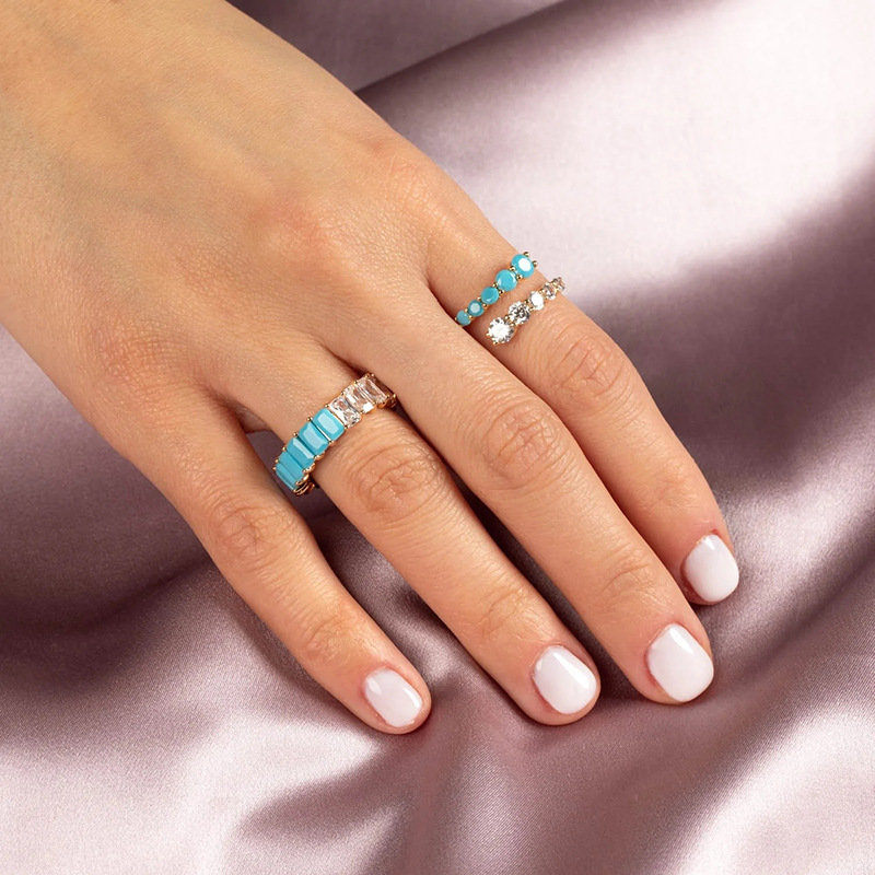 Adjustable Ring Size 925 Sterling Silver Turquoise Zircon Open Ring Geometric