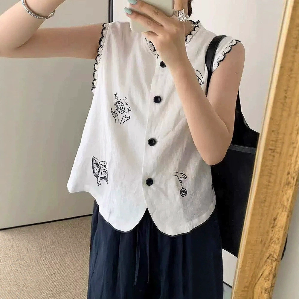 Летняя новая мода 2025 года. Женский хлопчатобумажный льняной жилет с вышивкой, круглый вырез, короткий рукав, кружевной жилет-рубашка. Тренд.