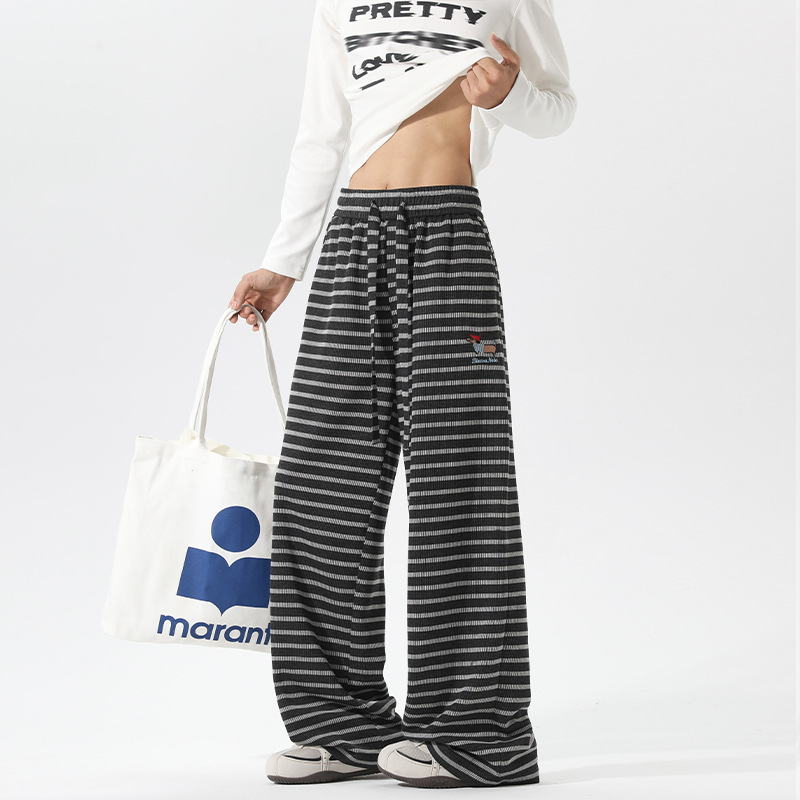 Autumn Striped Dachshund Dog Embroidered Patchwork American Retro Casual Pants For Men Teenagers, With A Relaxed Drape_voghion.com