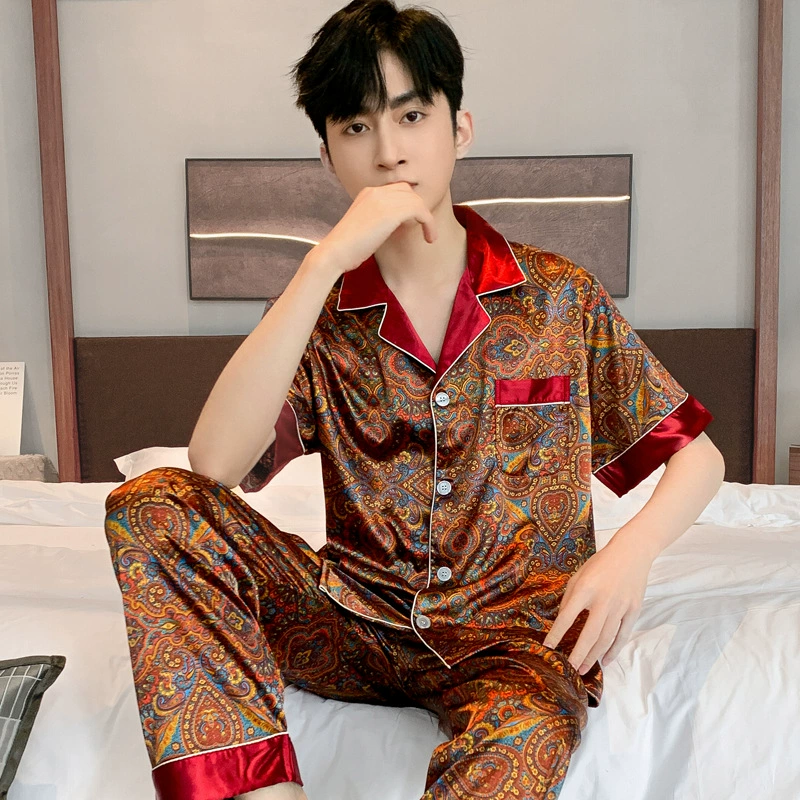Summer pijama, men's silk thin trousers, set, with short sleeve, for teenagers