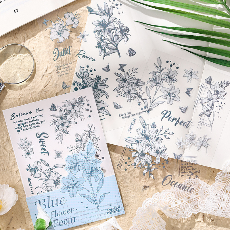 Flor poética transparente pegatinas impermeables para mascotas diy diario de mano pegatinas decorativas pegatinas florales retro transfronterizas