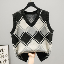马甲背心外套春秋外搭新款针织女士毛衣潮韩版V领宽松菱格纹外穿