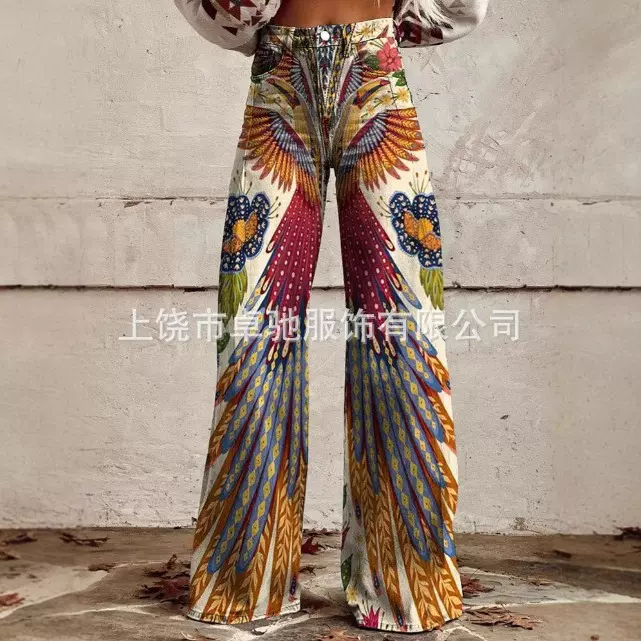 （口袋版本）2025数码印花五角星假牛仔女士阔腿裤 3D女长裤喇叭