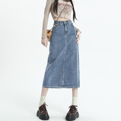 Women's High-Waist Vintage Opening A-Line Semi-Long Denim Skirt for Spring and Summer