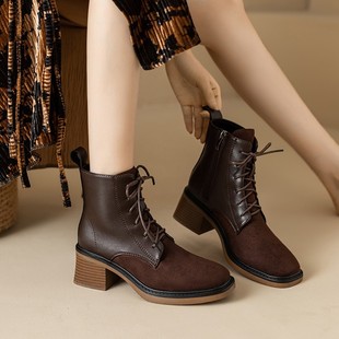 British style thick heel fashion Martin boots for women 2023 Winter new retro stitching frosted square toe side zipper ankle boots