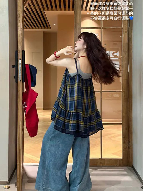 法式复古格纹无袖吊带女夏季小众别致宽松显瘦花边短裙上衣撞色|undefined