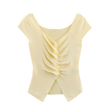 外贸批发春季新款女装 欧美风时尚简约褶皱装饰针织上衣 3920262