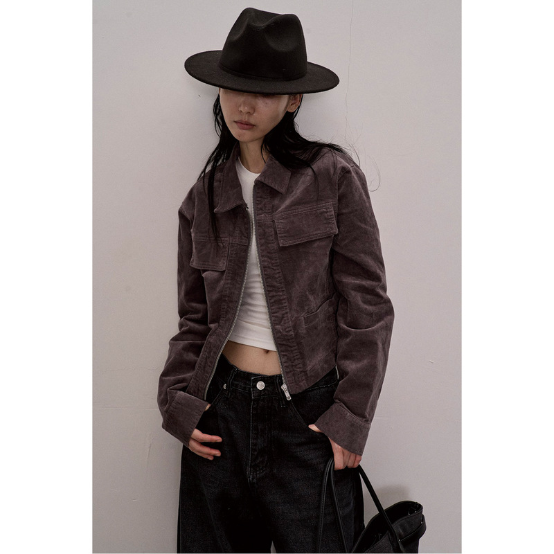 Pokiovo Autumn Corduroy Lapel Women's Jacket Retro High-End Slim Versatile Short Workwear Jacket