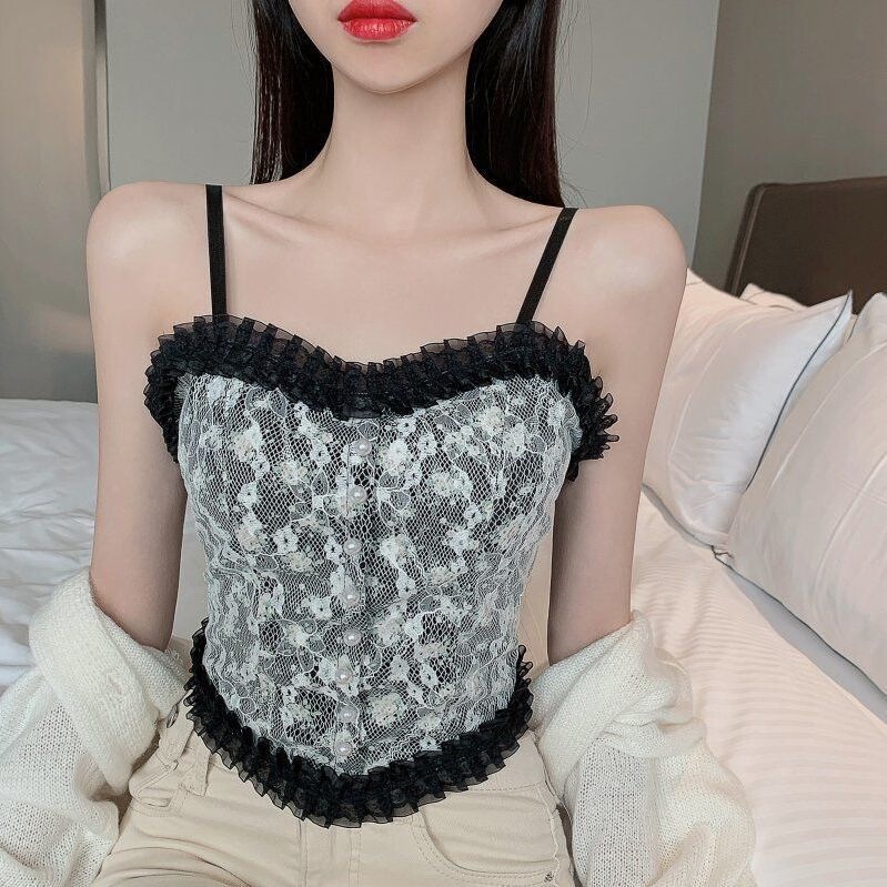 Lace Sling Vest with Chest Pad French Style Floral New Style Tube Top Girl's All-match Stylish Inner Wearing Outer Wearing