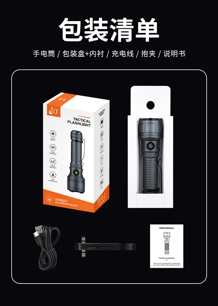 Cross-Border High-Intensity Long-Range Tactical Flashlight with Telescopic Zoom, Adjustable Brightness, Outdoor Flashlight, Aluminum Alloy, Waterproof, Rechargeable Model