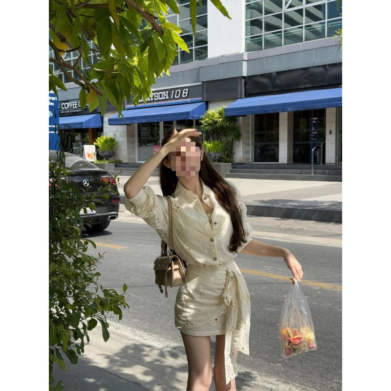 Design Sense Hollow-out POLO Collar Shirt Top Women's Spring New High Waist Bow Strap Hip Skirt Two-piece Set