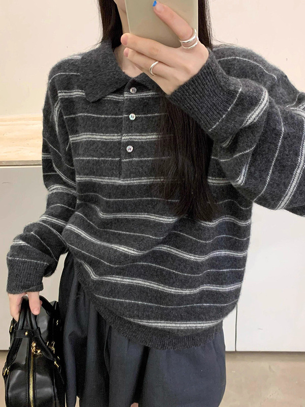 复古灰色条纹polo领毛衣女秋季老钱风穿搭慵懒宽松软糯针织衫上衣|undefined