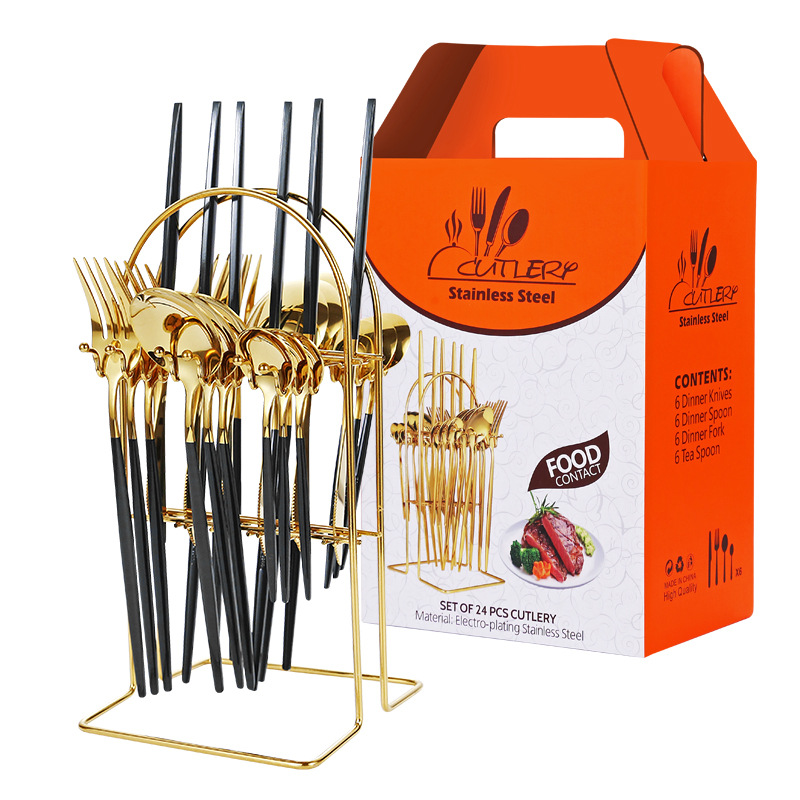 Transfronterizo Amazon Portugal comida occidental cuatro principales vajilla de acero inoxidable 24 piezas vajilla rack caja de regalo rack traje