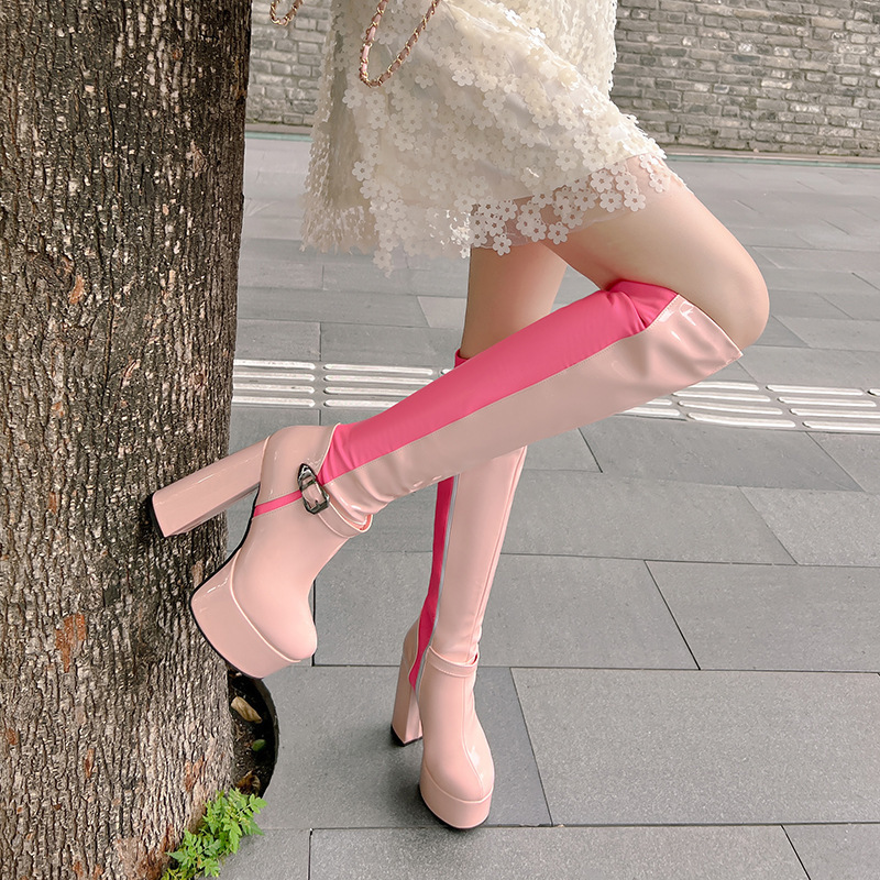 2025 Autumn and Winter New Style Long Boots for Women, Knee-High, Chunky High Heels, Thick Soles, Color-Blocking, Sweet Dance Style, Belt Buckle, Riding Boots for Women 2025 Autumn and Winter New Style Long Boots for Women, Knee-High, Chunky High Heels, Thick Soles, Color-Blocking, Sweet Dance Style, Belt Buckle, Riding Boots for Women