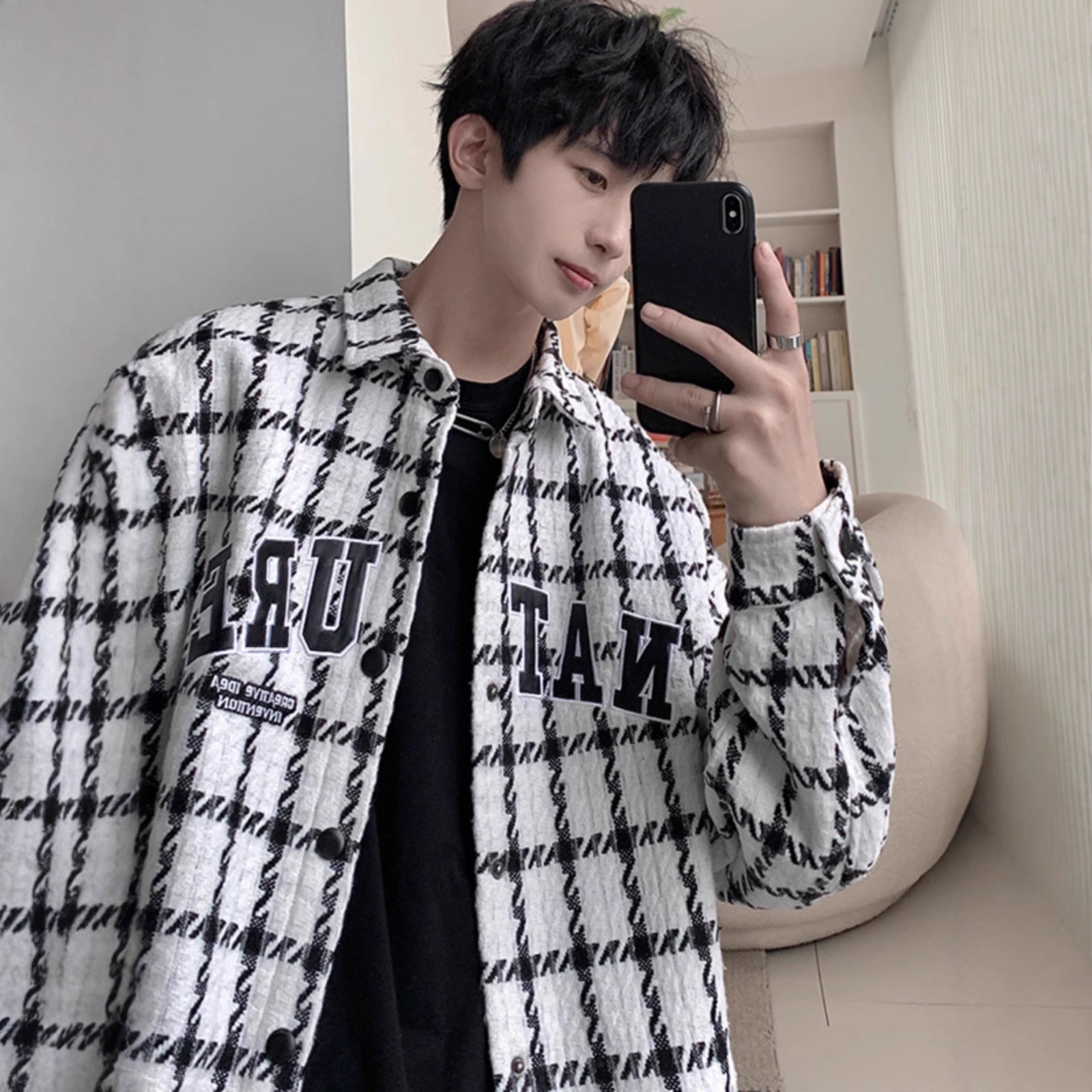 가을 신상품 남성용 물떼새 격자 무늬 셔츠, 멋진 작은 향기 재킷, 트렌디한 브랜드 고급 남성 디자인 재킷