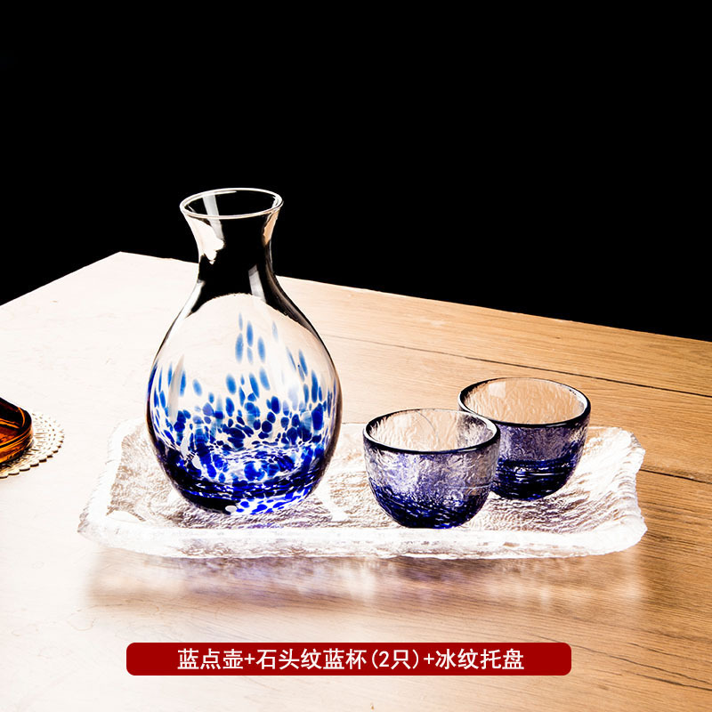 Glossy blue dot pot + blue stone pattern cups (2 pieces) + ice tray