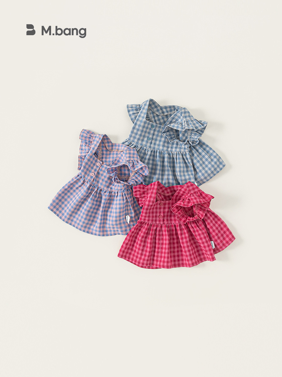 Youbao ropa para niños dulce verano nuevo producto blusa de cuello cuadrado para niños camisa de bebé a cuadros rosa para niñas pequeña camisa de manga voladora