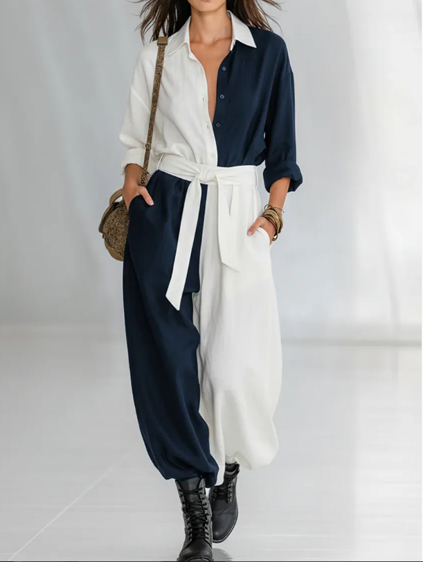 Damen Jumpsuit Mit Langarm Patchwork Und Gürtel Für Den Frühling_voghion.com