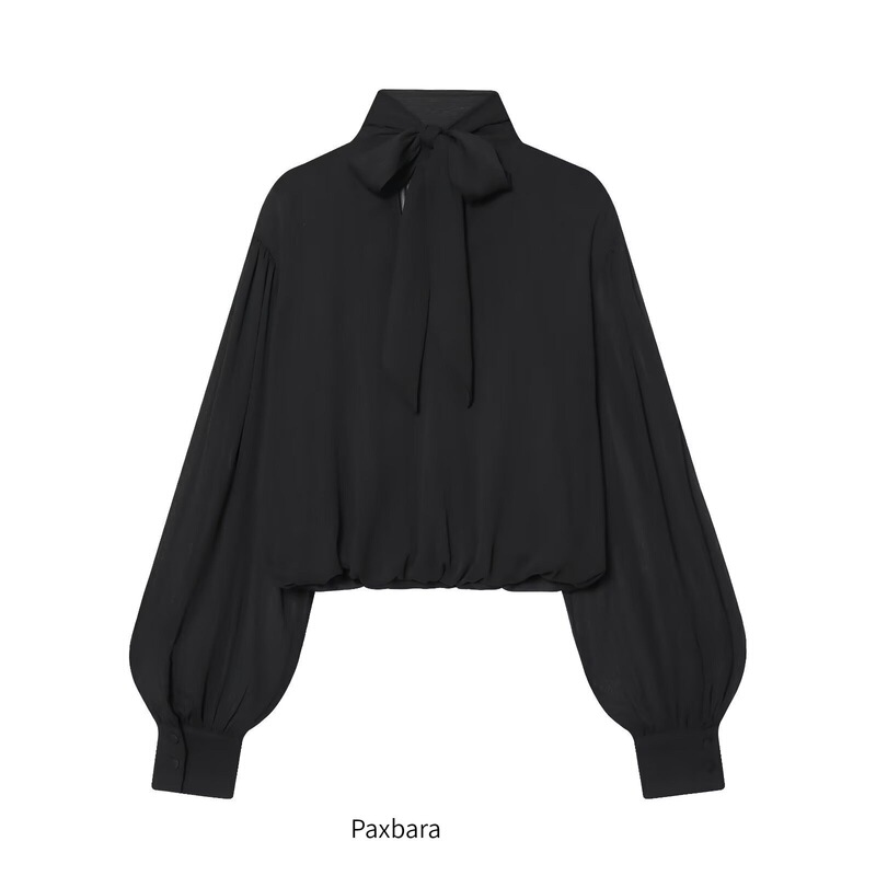 61524 European and American Export Women's Long-Sleeved Black Pleated Translucent Balloon Style Shirt 2025 New Top