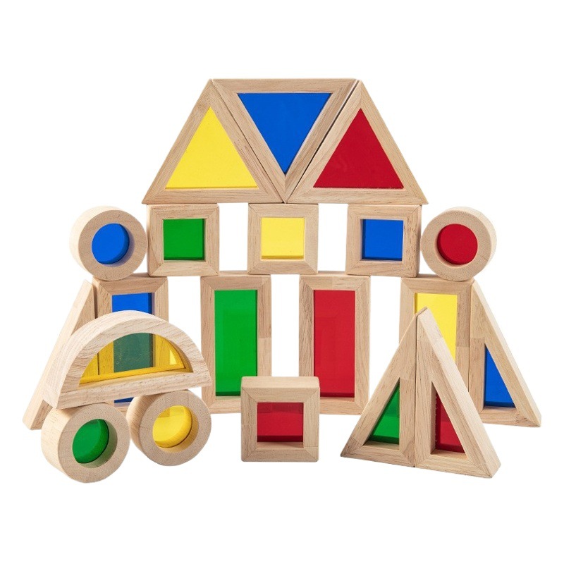 Madera acrílica 24 bloques de construcción creativos de arco iris, origen de madera, educación temprana cognitiva, juguetes de rompecabezas sensoriales