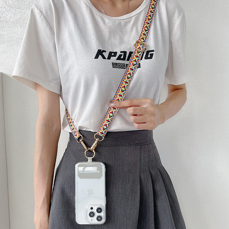 Adjustable Mobile Phone Lanyard Long Crossbody Shoulder Strap Hanging Chain Retro Totem Pattern Hanging Neck Wide Cloth Belt