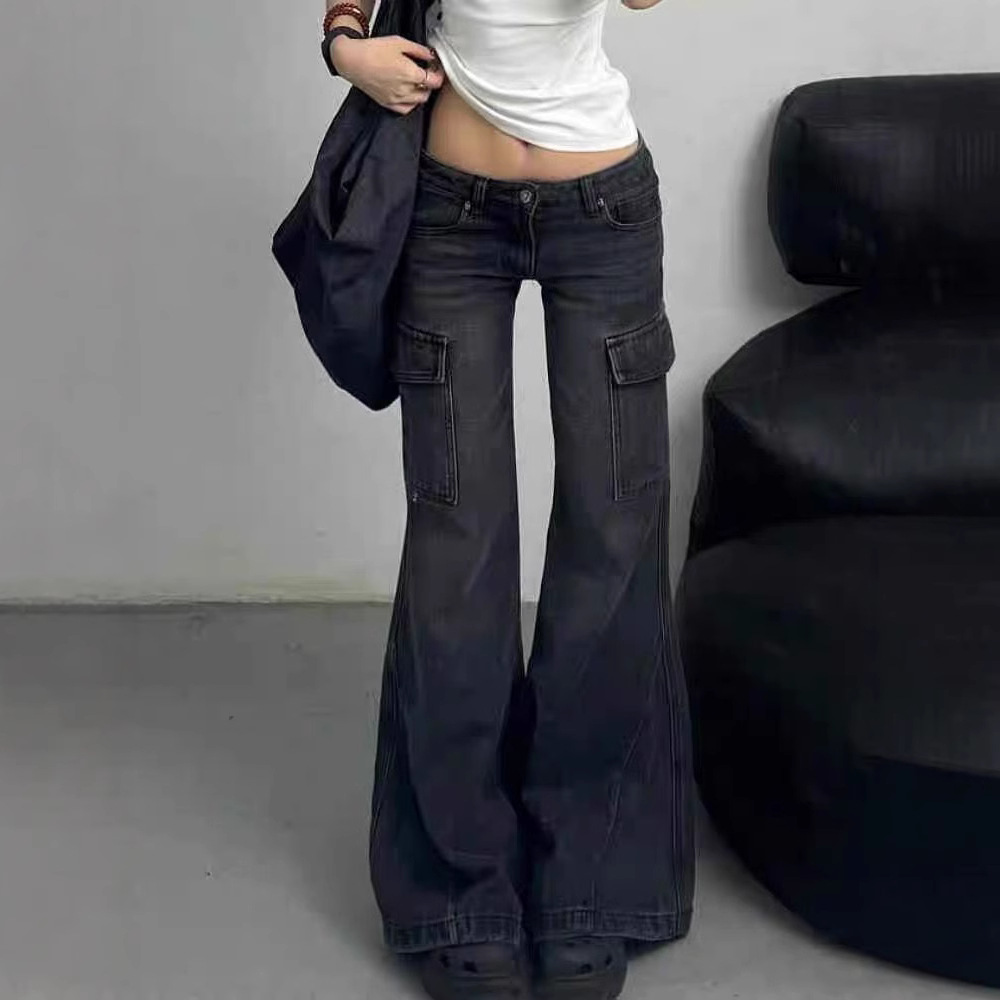 Trendy American Hottie Low-Waist Micro-Flared Work Jeans for Women in Autumn and Winter New Flap Pocket Pants Slim Slim Casual Pants