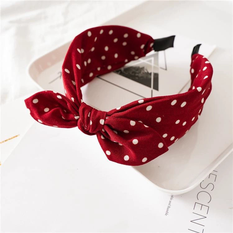 Faixa de cabelo feminina com laço e estampa de bolinhas, estilo europeu e americano, lenço quadrado vintage, faixa de cabelo alta com aba larga._voghion.com