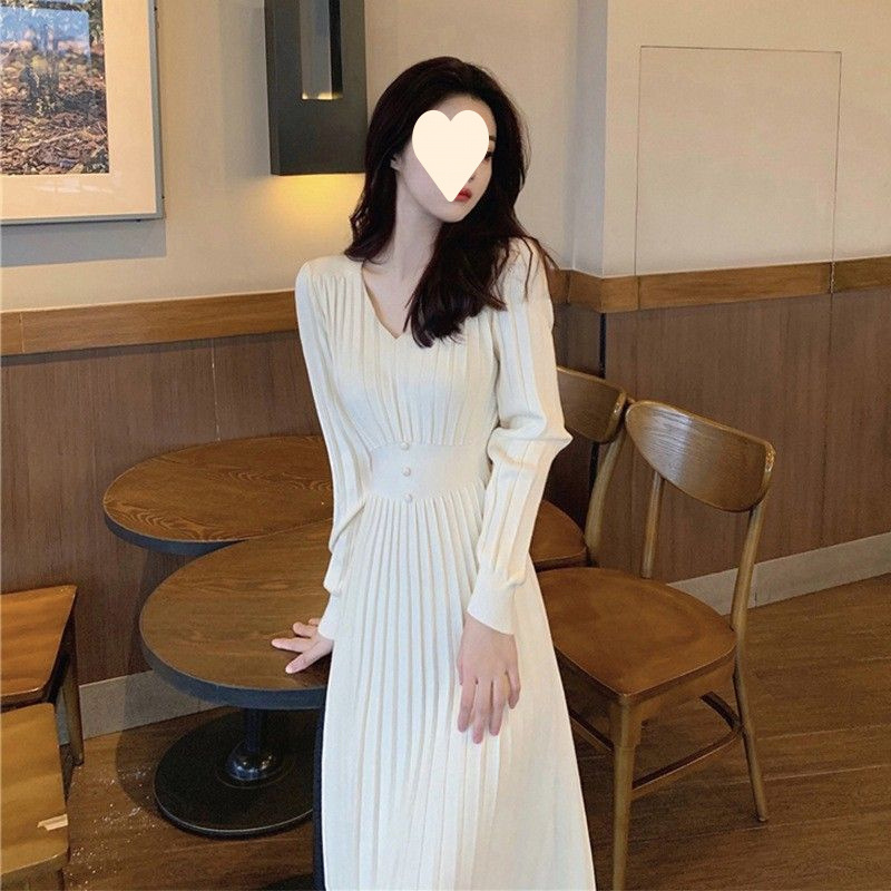 白色针织内搭连衣裙女秋冬韩剧穿搭配大衣毛衣裙子打底中长款加厚|undefined
