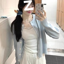 早春外套女春秋款蓝色针织开衫女2025新款学生软糯薄毛衣短款上衣