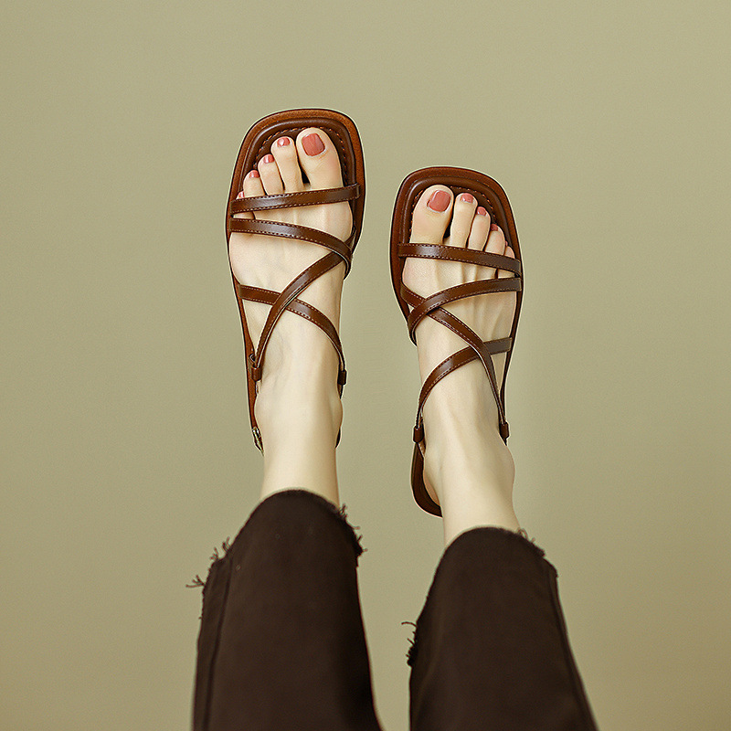 Sandal La Mã dệt cổ điển nữ quai ngang đế bệt — Màu nâu