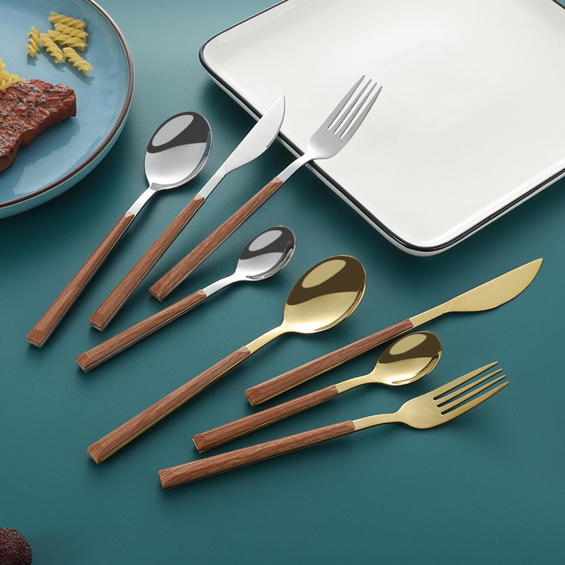 Mango de clip de grano de madera Cuchillo, tenedor y cuchara de acero inoxidable de estilo japonés Traje de vajilla occidental Cuchillo de carne de 16 piezas, tenedor y cuchara Juego de vajilla de 12 piezas