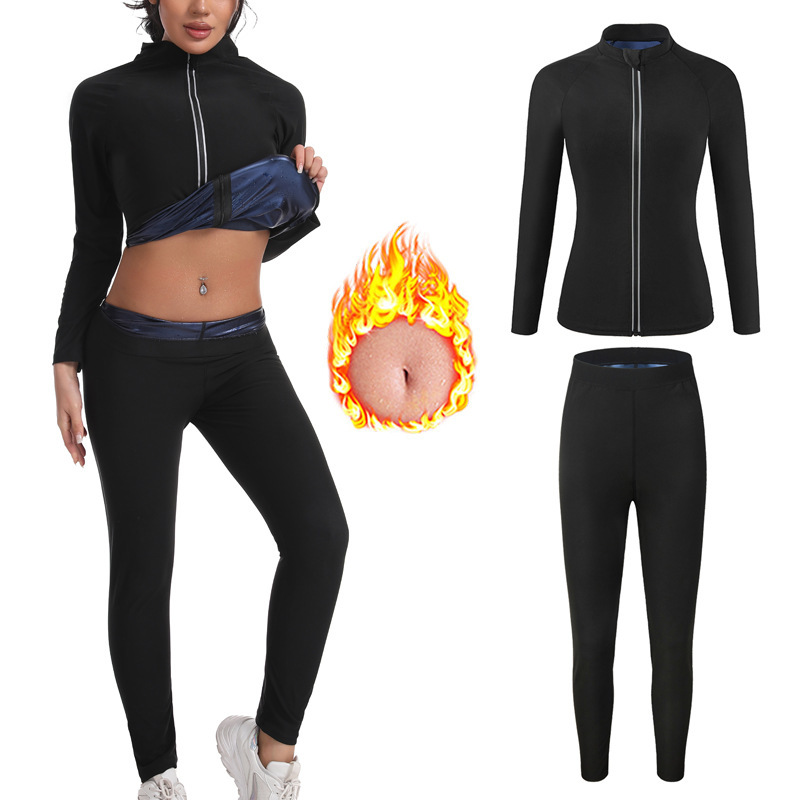 Cross-Border European Size Women's Training Sauna Suit Sweat Suit Sports Fitness Long-Sleeved Jacket Zipper Shapewear