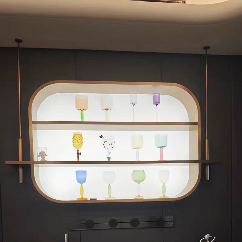 Custom-made stainless steel and acrylic illuminated back panel for hanging cabinets, living room bar counter, suspended metal display rack with lights