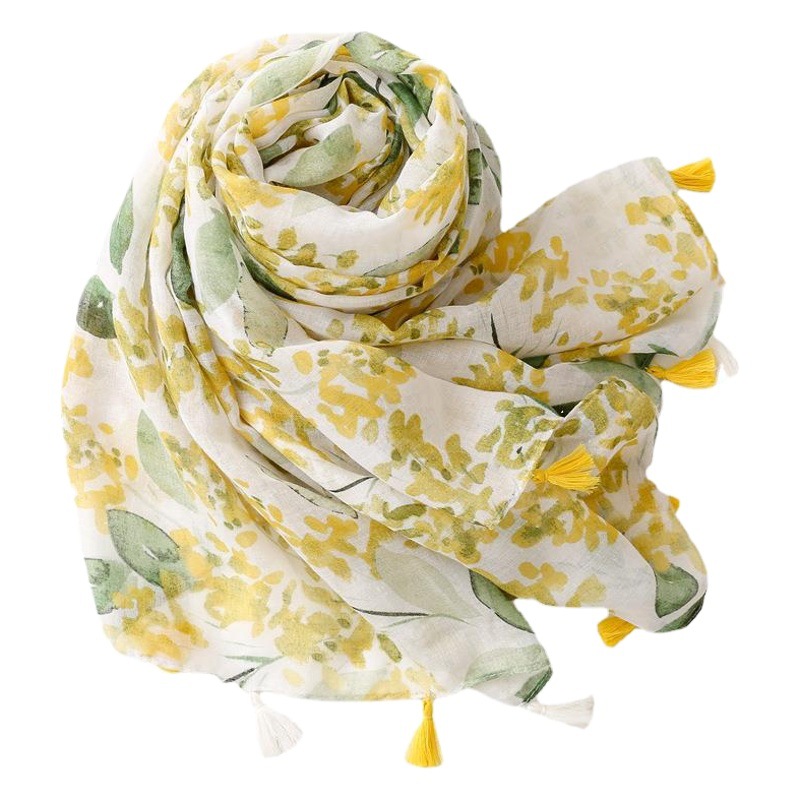 小清新無地のバリ糸綿麻の手触りのマフラーの女性の果物の緑色の明るい黄色の葉のプリントのフリンジガーゼのショール