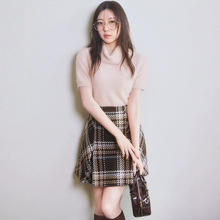S家秋季新款日系甜美百搭高腰粗纱格纹半身裙修身秋冬裙子厂家直