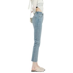 薄い色の柔らかい超薄型のストレートジーンズの女性の夏の薄いタイプの小さい背の氷の糸の高い腰の9分の法の棒のタバコの管のズボン