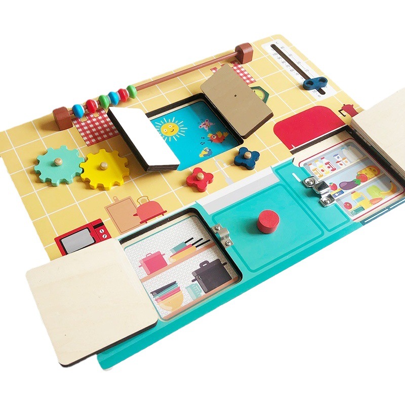 Ayudas de enseñanza Montessori educación temprana para niños juguetes educativos de desbloqueo busyboard Tema de cocina ocupado tablero multifuncional