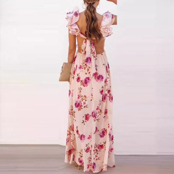 2024 New Cross-border New Women's Foreign Trade Flower Printed Shoulder Stitching European and American Backless Summer Dress Dress