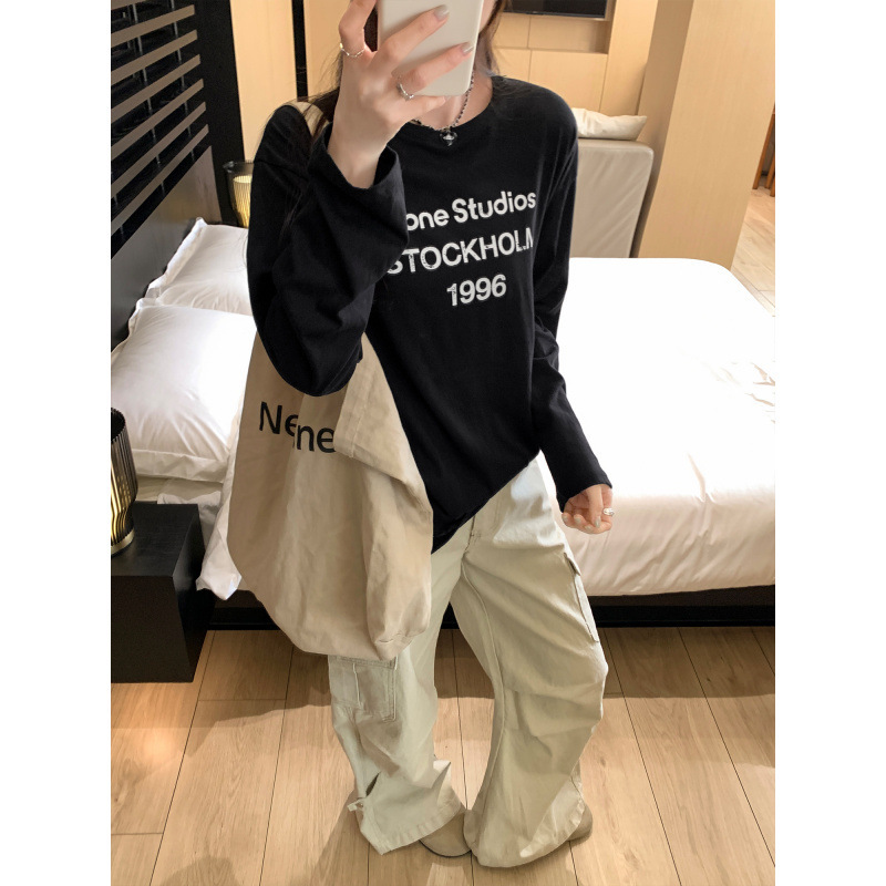 现货品牌韩系别致字母印花圆领长袖T恤女2025新款宽松显瘦打底女|undefined