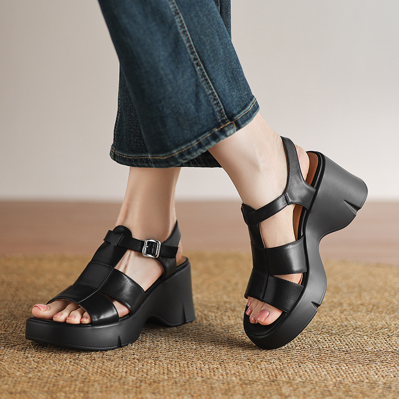 Giày sandal cao gót đế xuồng nữ phong cách La Mã, gót 9 cm, quai rỗng thoáng mát — Màu đen, Màu trắng be