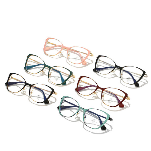 Kufang's new metal two-color glasses frame, personalized cat-eye flat mirror, myopia anti-blue light glasses frame wholesale