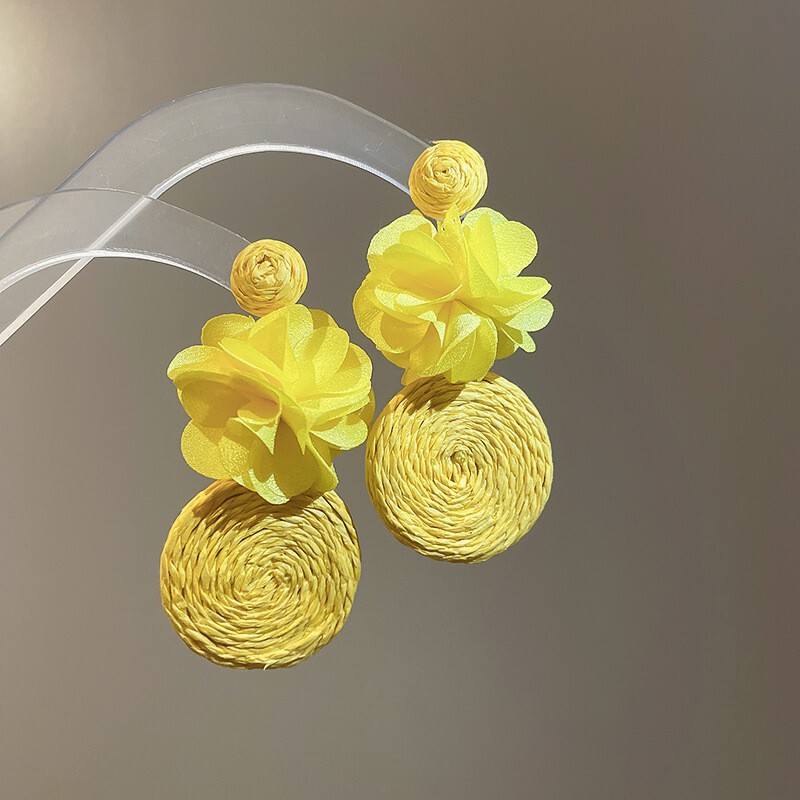 シルバーニードルラフィアカラフルな太陽の花のイヤリング夏の海辺の休暇スタイルのイヤリングファッショナブルで甘くて新鮮なイヤリング|undefined