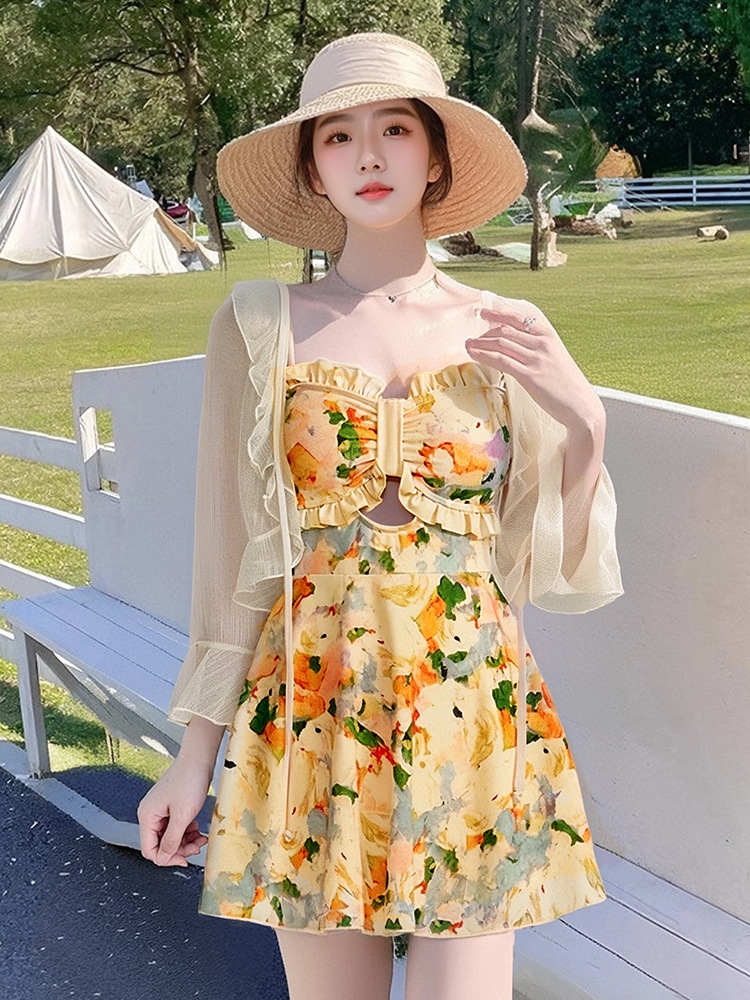 2025 verano nuevo estilo francés ligeramente gordo y delgado traje de baño floral de una pieza falda de mujer blusa de manga larga traje de baño al por mayor image 4