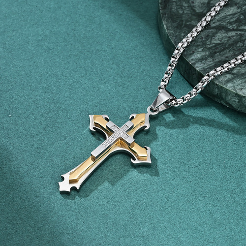 New European and American style three-layer flower-shaped combination stone cross pendant fashion retro men's trendy titanium steel necklace